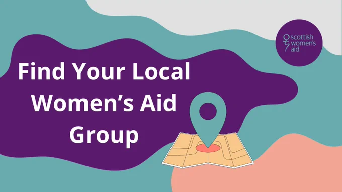 Patterned graphic with a map and pointer. The text reads: Find your local Women's Aid Group. 