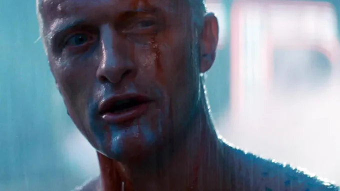 Rutger Hauer as Roy Batty in "Blade Runner" (1982), delivering the iconic "Tears in rain" monologue.