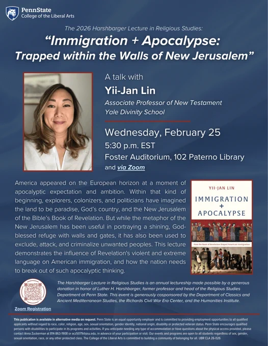 Flyer for talk: "Immigration and Apocalypse: Trapped within the Walls of the New Jerusalem" 5:30-7pm EST at Penn State and streaming