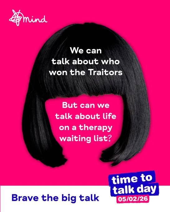 We can talk about who won the Traitors But can we talk about life on a therapy waiting list? Brave the big talk. Image of a black bob wig with solid bangs on a bright pink background. 