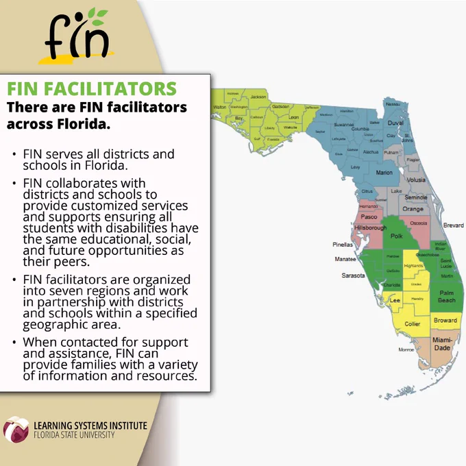 Map of Florida with labeled counties, showing FIN Facilitators serving all districts. Text describes FIN's collaboration with schools for supporting students with disabilities and outlines the organization's regional structure. 