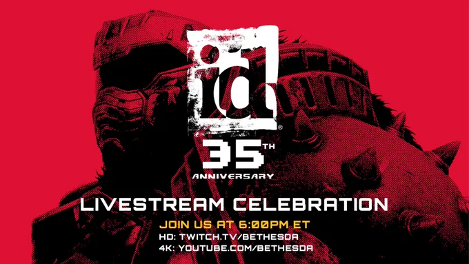 Image used as the thumbnail for Slayer Club Live Weekly Streams with Hugo Martin. Featuring a bold hellfire red background, with the Doom Slayer from DOOM: The Dark Ages standing at the ready depicted in a solid single-colored black halftone treatment.