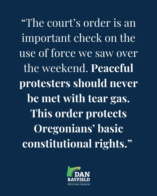 “The court’s order is an important check on the use of force we saw over the weekend. Peaceful protesters should never be met with tear gas. This order protects Oregonians’ basic constitutional rights.” 