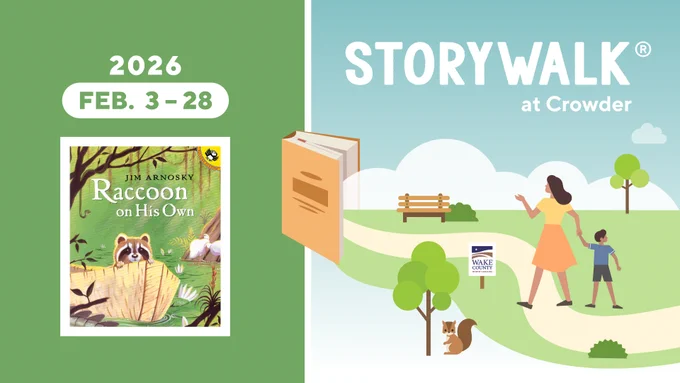 Illustration of a mother and child walking on a path with a floating book, promoting the 2026 StoryWalk event at Crowder from Feb 3 to 28.