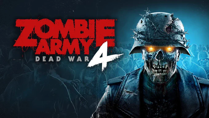 The artwork for Zombie Army 4 Dead War, The logo sits on the left and a zombie highlighted in blue with yellow eyes sits on the right