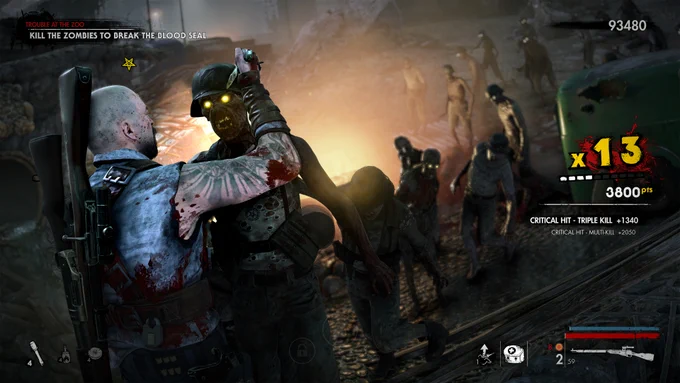 Boris grabs his knife and ploughs it into a zombies head, The zombie has glowing yellow eyes