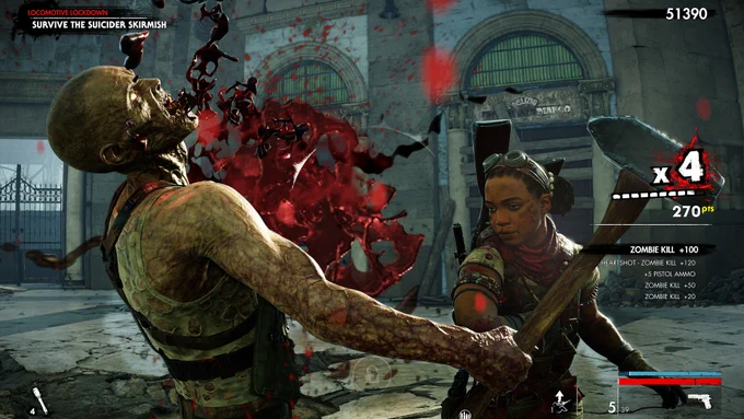 An image of Shola hitting a zombie with a melee weapon with blood spurting out the zombies mouth.