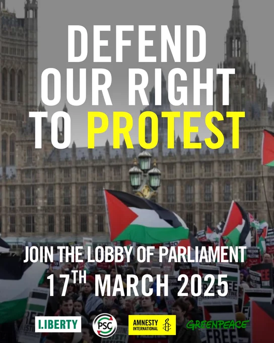 Image of a palestine solidarity march in front of the UK parliament with copy that reads: defend our right to protest. Join the lobby of parliament 17th March 2025.