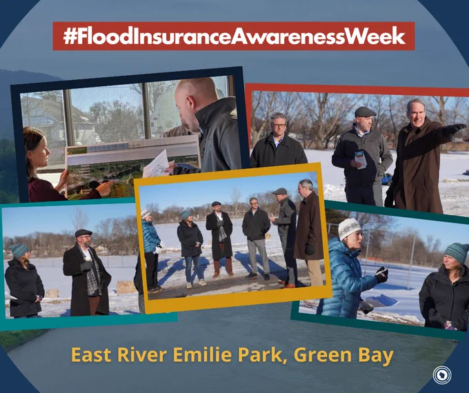 Graphic with the text “#FloodInsuranceAwarenessWeek” and “East River Emilie Park, Green Bay,” featuring a collage of photos showing Commissioner Houdek and local officials standing and talking outdoors at Emilie Park near a wetland restoration area.