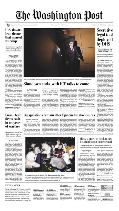 cover of The Washington Post on Wednesday Feb 4, 2026. Headline on bottom, right: Musk wanted to hook users; his chatbot got more sexual