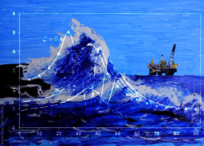 Ilustração de uma cena marítima, construída com pinceladas expressivas em tons de azul, branco e preto, que remetem à pintura manual, mas combinadas com elementos gráficos e científicos. No centro da imagem, uma grande onda se eleva com movimento intenso, sugerindo força e instabilidade do mar. À direita, no horizonte, há uma plataforma de petróleo em alto-mar. Sobre a imagem, linhas, setas e curvas, formando uma espécie de plano cartesiano, como se o comportamento das ondas estivesse sendo analisado ou monitorado cientificamente.