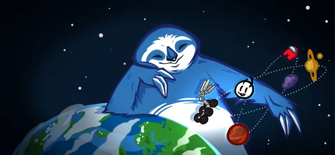 the outersloth logo, which depicts a large blue sloth resting on the earth