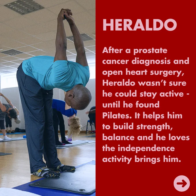 Man doing Pilates in a class, performing a standing stretch, with a text overlay discussing 'Heraldo - After a prostate cancer diagnosis and open heart surgery, Heraldo wasn’t sure he could stay active - until he found Pilates. It helps him to build strength, balance and he loves the independence activity brings him. 