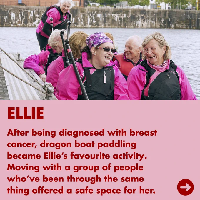 Woman wearing pink on a paddle boat, on a river. Text reads, "Ellie - After being diagnosed with breast cancer, dragon boat paddling became Ellie’s favourite activity. Moving with a group of people who’ve been through the same thing offered a safe space for her." 