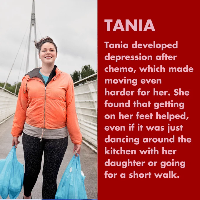 Woman smiling while holding shopping bags on a bridge, with a text overlay, "Tania - Tania developed depression after chemo, which made moving even harder for her. She found that getting on her feet helped, even if it was just dancing around the kitchen with her daughter or going for a short walk." 