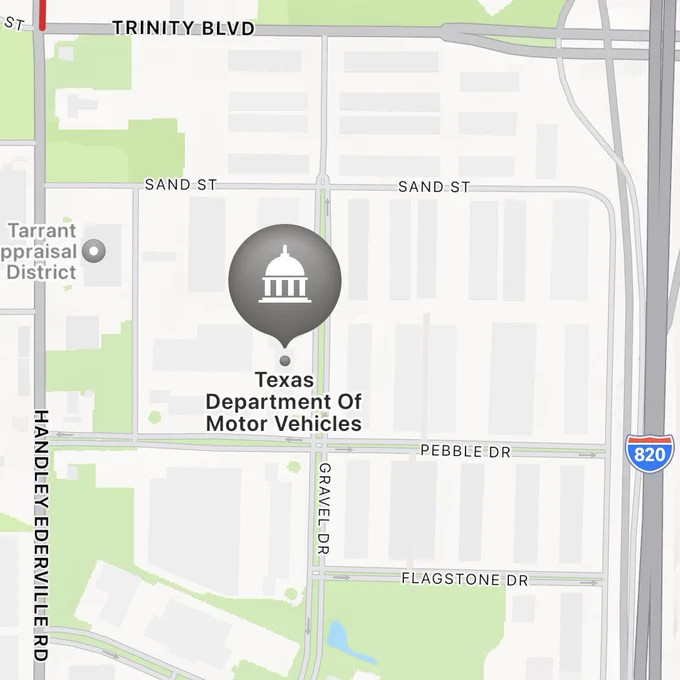 Map view of the Texas Department of Motor Vehicles Fort Worth Regional Service Center.