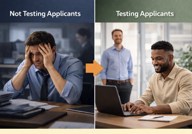 Comparison image of a frustrated hiring manager vs a happy hiring manager