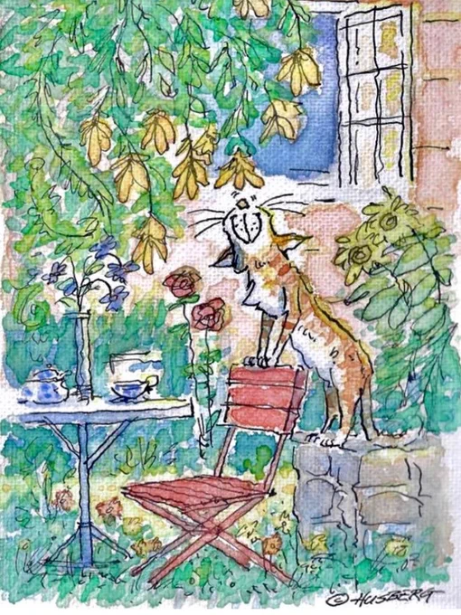 “Shniff!”   

It’s spring going into summer and our orange tabby friend is inhaling the scent of overhanging blooms. He’s shniffing the fragrance in deeply to the tip of his tail! 

He’s standing on a stone wall with front legs perched on the edge of a red folding chair next to a round table with a tea service and a vase of flowers set upon it. The setting is a small, cosy backyard with the kitchen window swung wide open in the background. 

This piece is rendered loosely in pen & ink with watercolour wash.