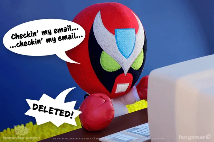 A Strong Bad plus posted at a computer, with talk bubbles "Checkin' my email... checkin' my email..." and "DELETED!" coming out of his mouth.