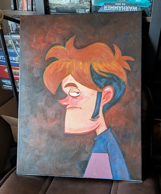 A painting of Penny Arcade's Tycho in profile.