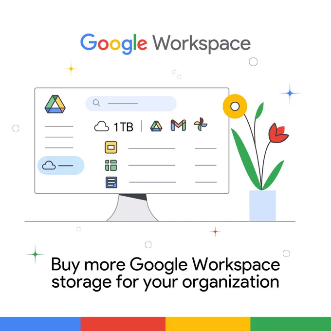  Illustration of a desktop with a Google Drive interface, highlighting 1TB storage, with a flower vase in the foreground.