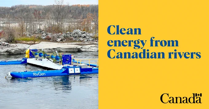 ORPC Power System operating in a river with text overlay: “Clean energy from Canadian rivers”.