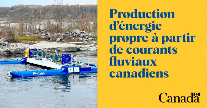 Système d’alimentation d’ORPC installé sur un cours d’eau, avec le texte suivant : « Production d’énergie propre à partir de courants fluviaux canadiens ».
