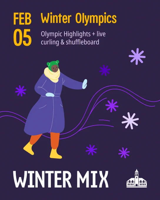 Graphic illustration of a person in outdoor winter attire amidst a swirl of snow. Text features the date for the Winter Olympics Winter Mix event. The City of Cambridge logo is in the bottom corner of the image.