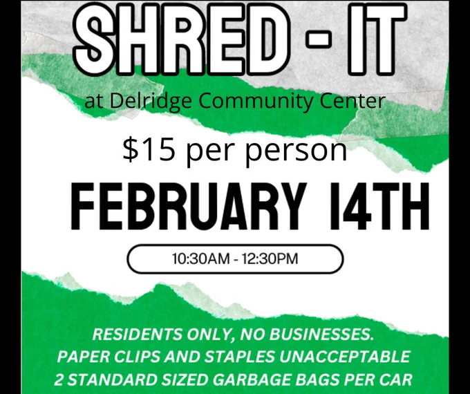 Info tile for Shred-it at Delridge Community Center, February 14. $15 a person.