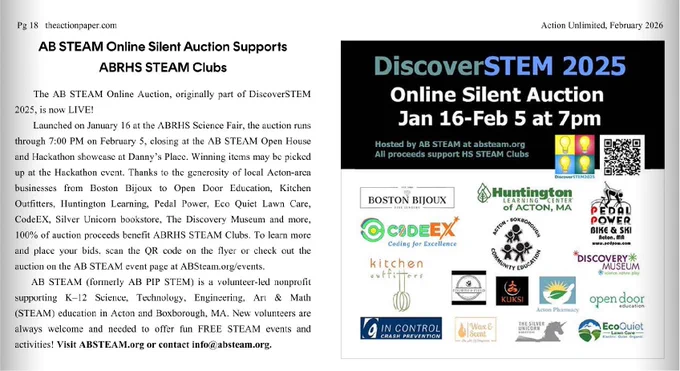 AB STEAM DiscoverSTEM Auction Closed 2/5 7pm at Hackathon event at Danny's Place. ALL proceeds benefit ABRHS STEAM Clubs! 