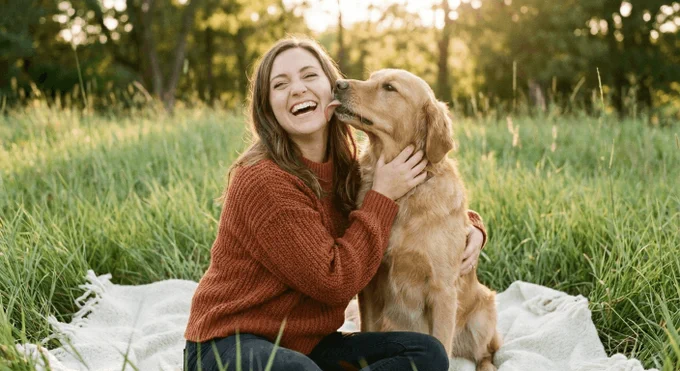 A woman in a cozy, burnt orange knit sweater, sitting on a white blanket in a field of soft green grass. She is laughing joyfully, with her arms around a happy Golden Retriever.