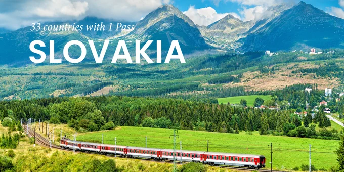 A scenic train travels through a lush, mountainous landscape under a bright blue sky in Slovakia. The image includes text that says: 33 countries with one pass.
