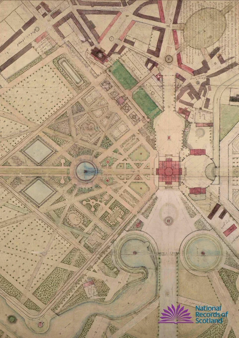 A design for improvements to the policies at Alloa drawn by the Earl of Mar, who led the Jacobite rebellion of 1715. Influenced by French taste, Mar drew up an elaborate design for a house with a lake and cascade in the grounds. It included an impressive avenue leading to the house, formal gardens, woodland and walks, as well as a kitchen garden and fruit garden. Horse chestnuts and orange trees were to be planted. The vistas from the garden walks were to historical features like Clackmannan Tower.