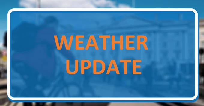 orange text on blue background reads " Weather Update ". 