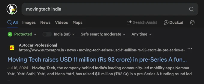 Moving Tech raises USD 11 million (Rs 92 crore) in pre-Series A funding

Jul 16, 2024

Moving Tech, the company behind India's leading community-led mobility apps Namma Yatri, Yatri Sathi, Yatri, and Mana Yatri, has raised $11 million (₹92 Cr) in a pre-Series A funding round led 