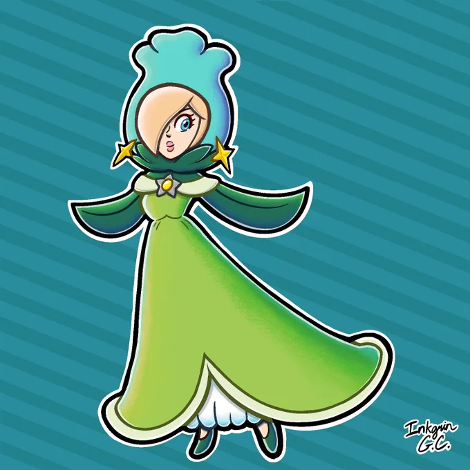 Digital fan-made concept design of Flower Rosalina, wearing a turquoise tulip costume, drawn in Mario Wonder style.