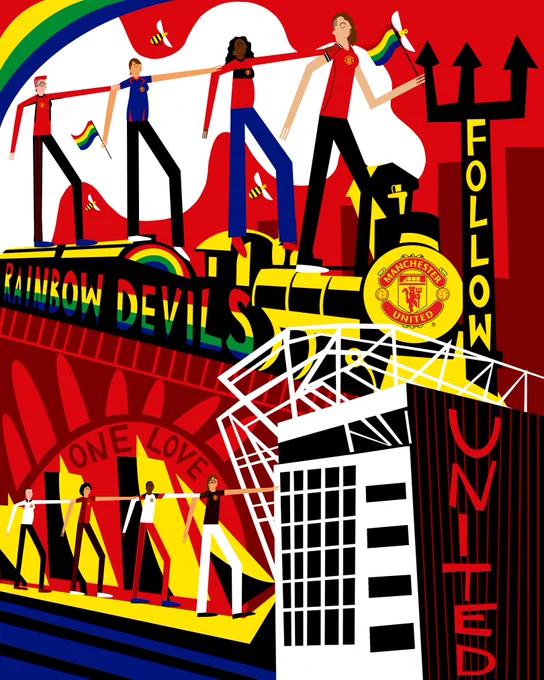 Illustration of diverse figures holding rainbow flags atop a train labeled 'Rainbow Devils' with Manchester United logo and stadium in background.