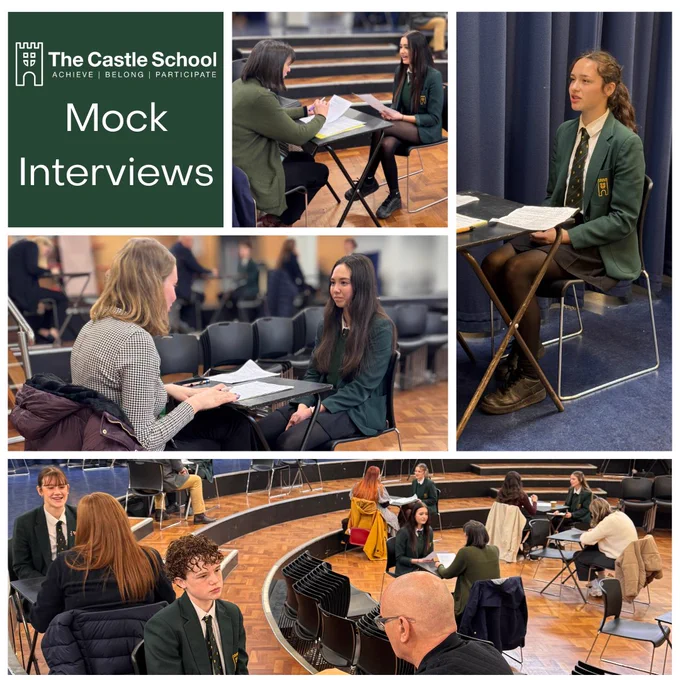 Collage of photos depicting teenage students in green uniform from The castle school sitting across a small square table being interviewed by working professionals. 