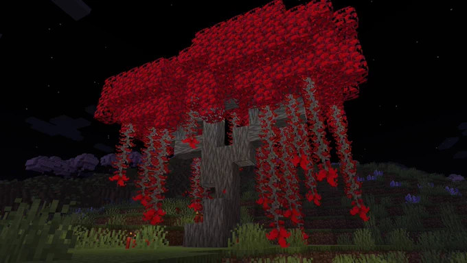 A crimson tree known as the Ancient Tree.
