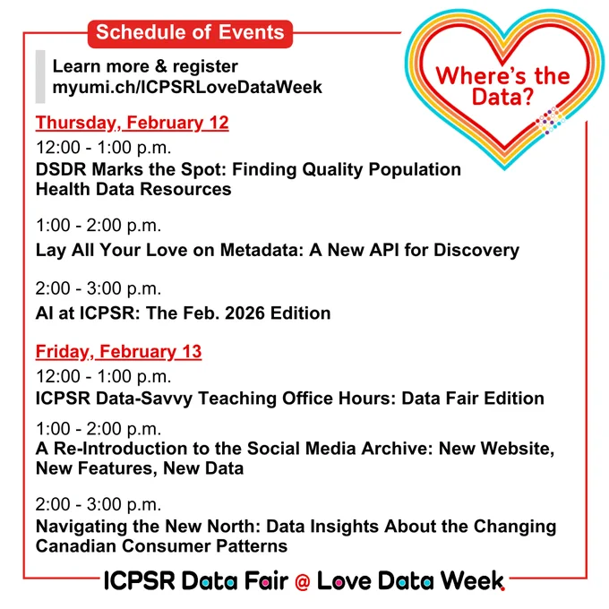 Schedule of events for ICPSR Love Data Week on February 12-13, featuring sessions on health data, a new metadata API, AI, and data insights.