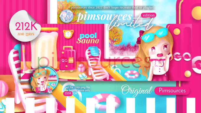 ⛱️ Barbie chibi sauna pool 
💝 Original Pimsources 
👒 212K IDR | retext all
🏖️ Special bundle (( header   ava   chibi png only 255K IDR ))
⭐ QRIS 
© pimsources since 2022 don't inspo steal recreate plagiarized or heavy reference are strictly prohibited