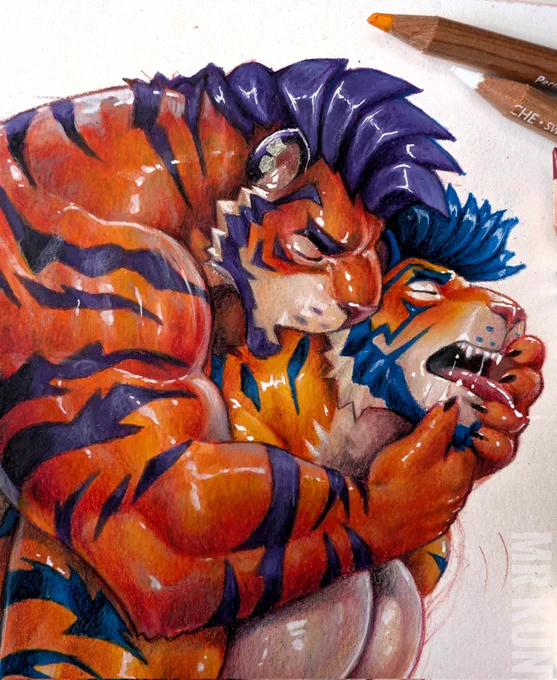A close-up cropped photo of a traditional illustration showing two muscular anthropomorphic tiger men mating ❤️ the top is gently biting the neck of the bottom while holding his mouth and tongue. A couple of color pencils lay at the top of the painting. 
