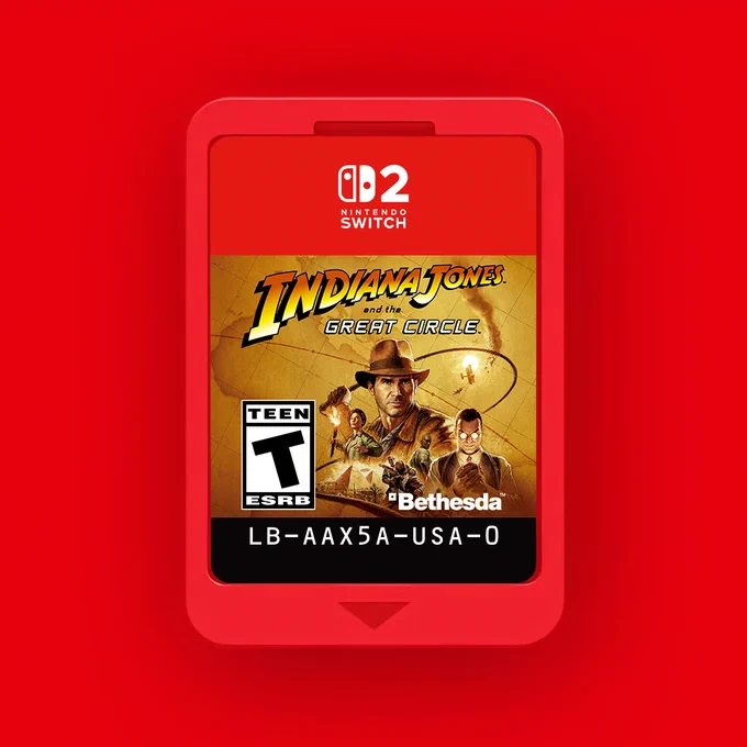 A visual of the physical game card for Indiana Jones and the Great Circle, including the game's key art. Image set on a red background.