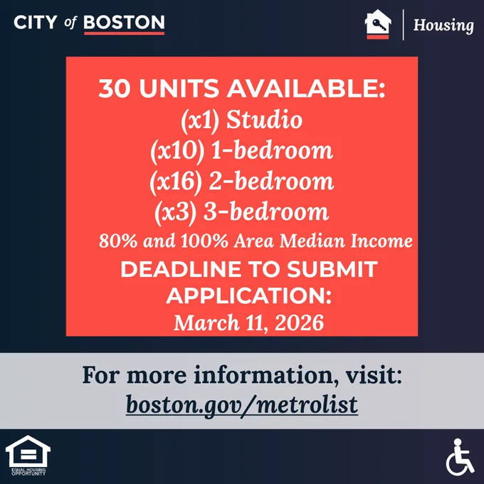City of Boston offers 30 housing units including studio, 1, 2, and 3-bedroom apartments with income limits, application deadline March 11, 2026.