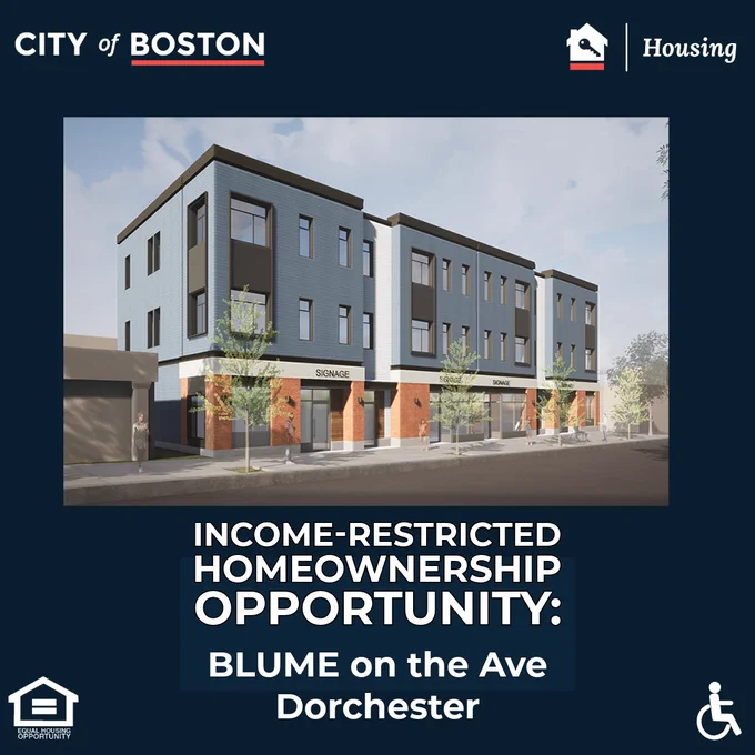A rendering of Blume on the Avenue, a modern three-story residential building in Dorchester with a mixed brick and siding exterior under a clear sky.