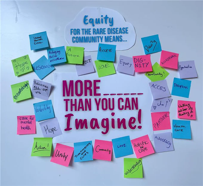 A wall of colourful post-it notes displaying words that express what equity for people living with rare diseases means to the event attendees.
