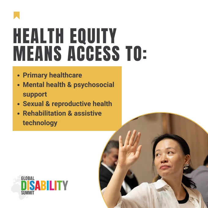Graphic with the heading “Health equity means access to:” followed by a list. Primary healthcare. Mental health and psychosocial support. Sexual and reproductive health. Rehabilitation and assistive technology. On the right, a photo shows a participant raising her hand during a GDS meeting The Global Disability Summit logo is on the bottom left.