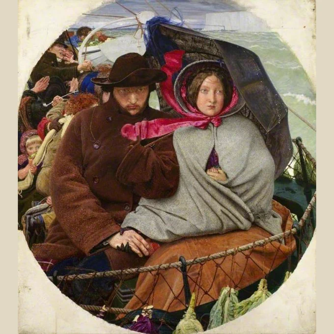 In this painting, a man and woman sit in a crowded boat which sails on a choppy sea. Behind them we glimpse the White Cliffs of Dover.