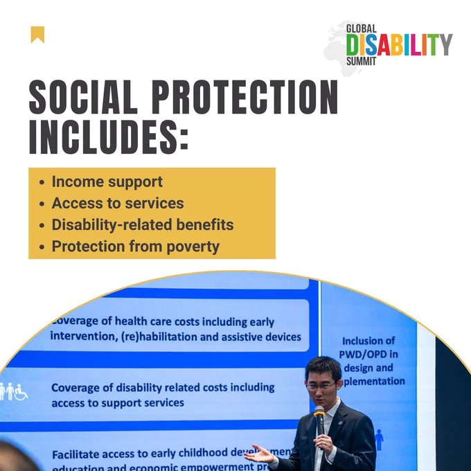 Graphic with the heading “Social protection includes:” followed by a list. Income support. Access to services. Disability-related benefits. Protection from poverty. Below, a facilitator is speaking into a microphone at a conference, with a presentation slide in the background. The Global Disability Summit logo appears at the top right.