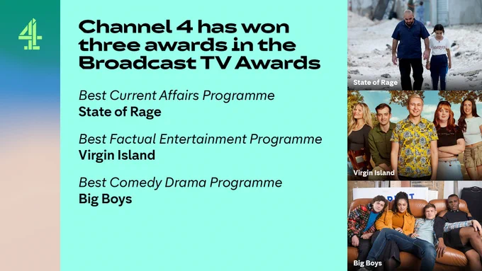 On a light blue background it says Channel 4 has won three awards in the Broadcast TV Awards

Best Current Affairs Programme - State of Rage
Best Factual Entertainment Programme - Virgin Island
Best Comedy Drama Programme - Big Boys

On the right hand side are three images the top one shows a man and a young girl walking in snow for State of Rage, then beneath is a picture of five people looking at the camera for Virgin Island and beneath is a picture of four young people on a sofa for Big Boys. 

On the far lefthand side is the Channel 4 logo